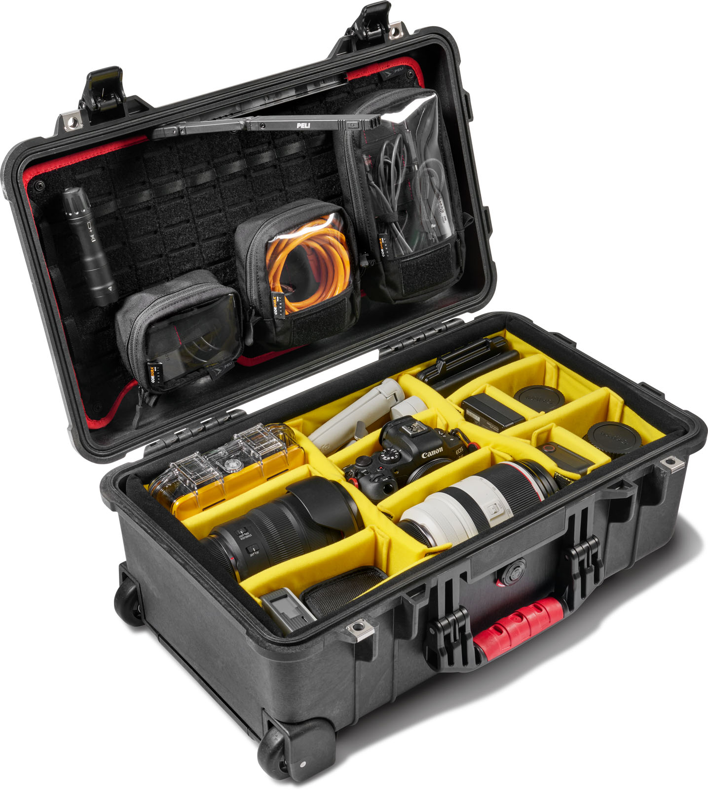 PELI_P2 1510_Studio Case_On White_Angle High Open With Props With Open Mod Light