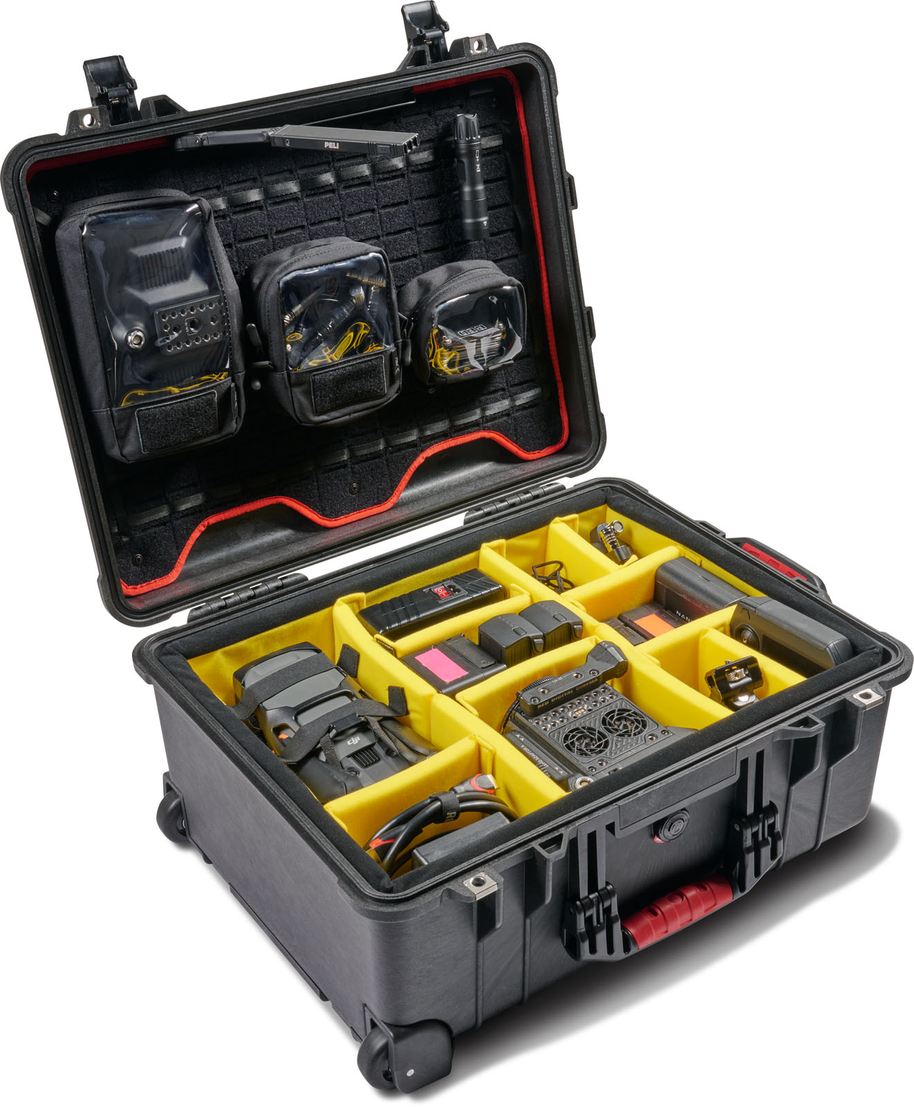 PELI_P2 1560_Studio Case_On White_Angle High Open With Props With Open Mod Light